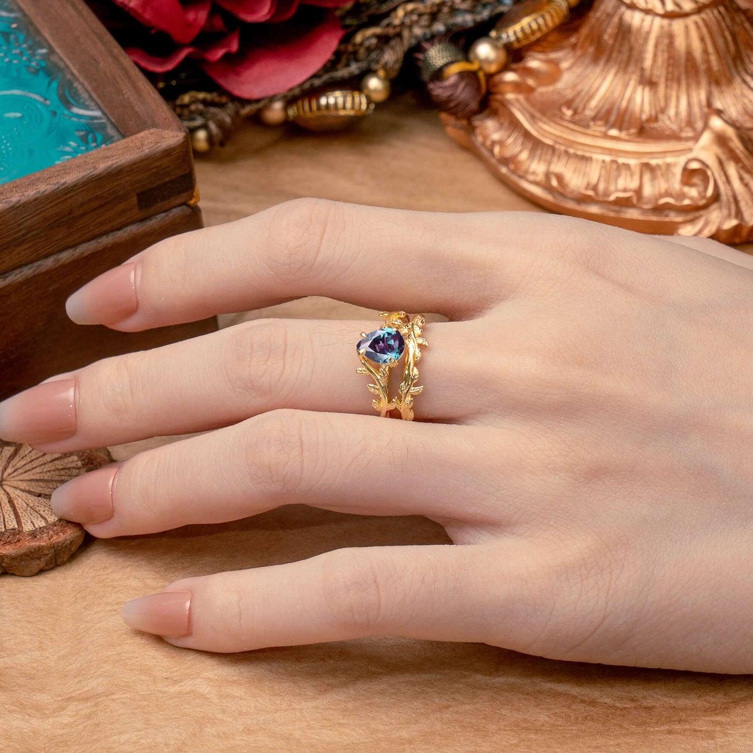 Artistic Vine Themed 4 - Prong Pear Cut Alexandrite Bridal Ring Set