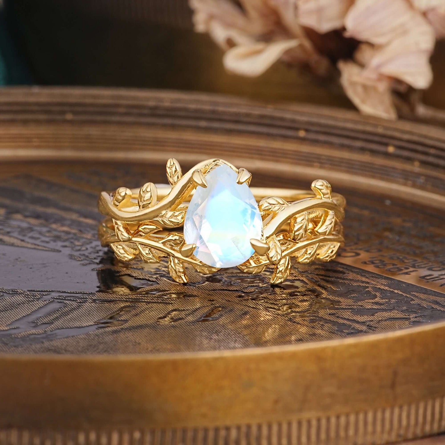 Artistic Vine  Themed 4 - Prong Pear Cut Moonstone Bridal Ring Set