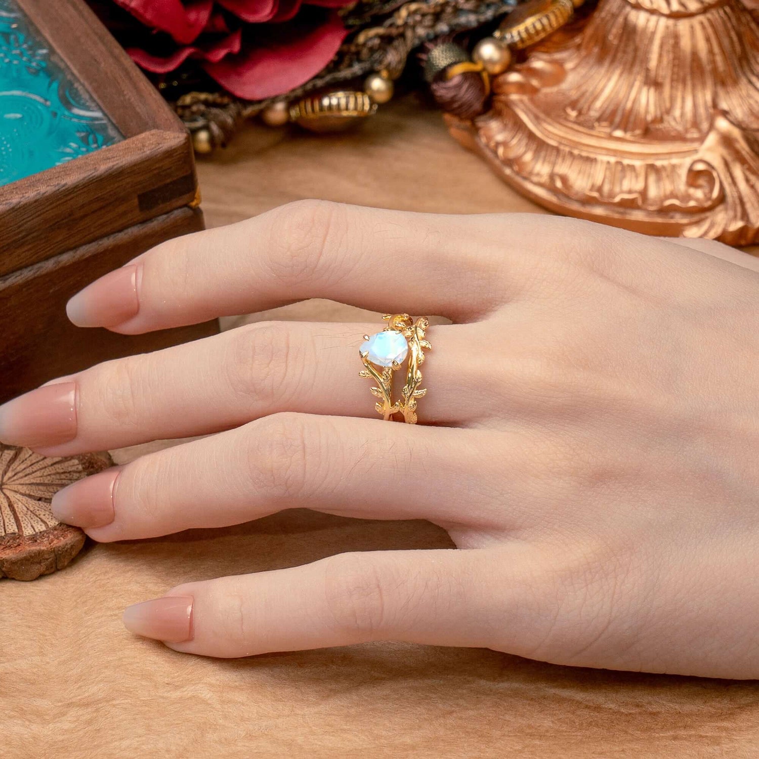Artistic Vine  Themed 4 - Prong Pear Cut Moonstone Bridal Ring Set