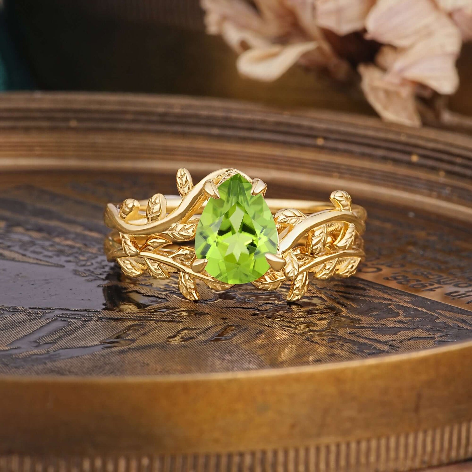 Artistic Vine  Themed 4 - Prong Pear Cut Peridot Bridal Ring Set