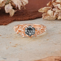 Naturalistic 4 - Prong Hexagon - Cut Natural Black Rutilated Quartz Ring Sets