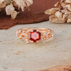 Naturalistic 4 - Prong Hexagon - Cut Garnet Ring Sets