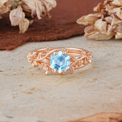 Naturalistic 4 - Prong Hexagon - Cut Natural Aquamarine Ring Sets