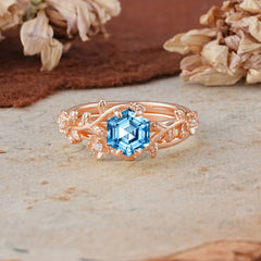 Naturalistic 4 - Prong Hexagon - Cut Aquamarine Ring Sets