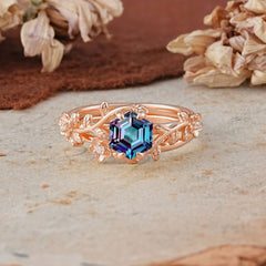 Naturalistic 4 - Prong Hexagon - Cut Natural Alexandrite Ring Sets