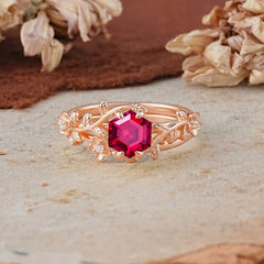 Naturalistic 4 - Prong Hexagon - Cut Natural Ruby Ring Sets