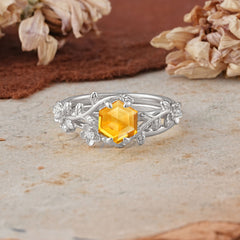 Naturalistic 4 - Prong Hexagon - Cut Citrine Ring Sets