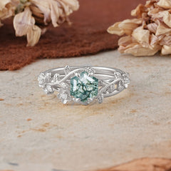 Naturalistic 4 - Prong Hexagon - Cut Natural Moss Agate Ring Sets