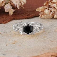 Naturalistic 4 - Prong Hexagon - Cut Black Onyx Ring Sets