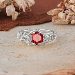 Naturalistic 4 - Prong Hexagon - Cut Garnet Ring Sets