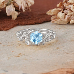 Naturalistic 4 - Prong Hexagon - Cut Natural Aquamarine Ring Sets