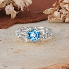 Naturalistic 4 - Prong Hexagon - Cut Aquamarine Ring Sets