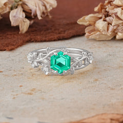 Naturalistic 4 - Prong Hexagon - Cut Emerald Ring Sets