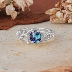 Naturalistic 4 - Prong Hexagon - Cut Natural Alexandrite Ring Sets