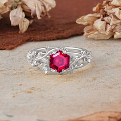 Naturalistic 4 - Prong Hexagon - Cut Natural Ruby Ring Sets