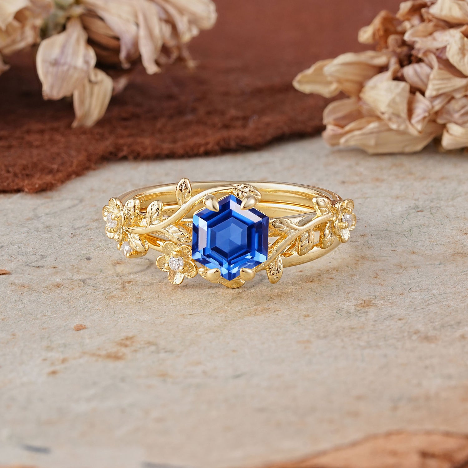 Naturalistic 4 - Prong Hexagon - Cut Sapphire Bridal Ring Set