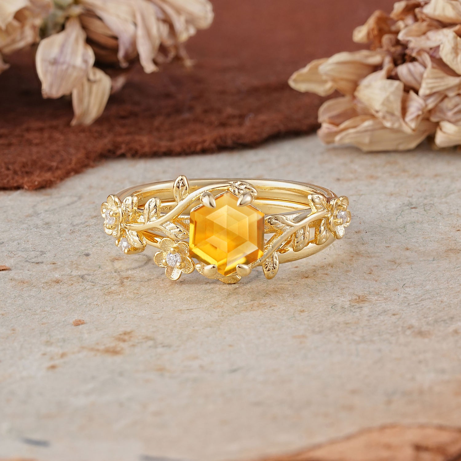Naturalistic 4 - Prong Hexagon - Cut Citrine Bridal Ring Set