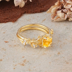 Naturalistic 4 - Prong Hexagon - Cut Citrine Ring Sets