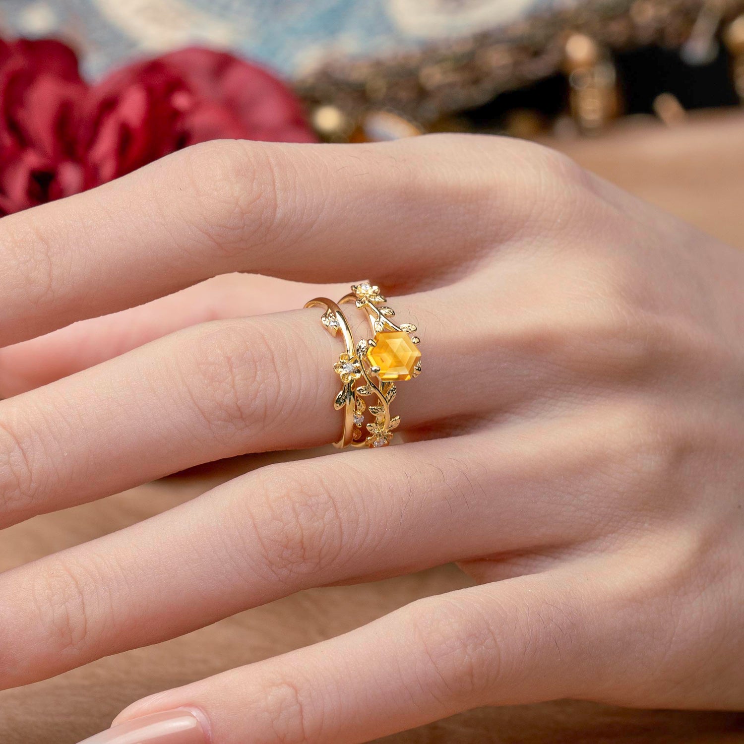 Naturalistic 4 - Prong Hexagon - Cut Citrine Bridal Ring Set