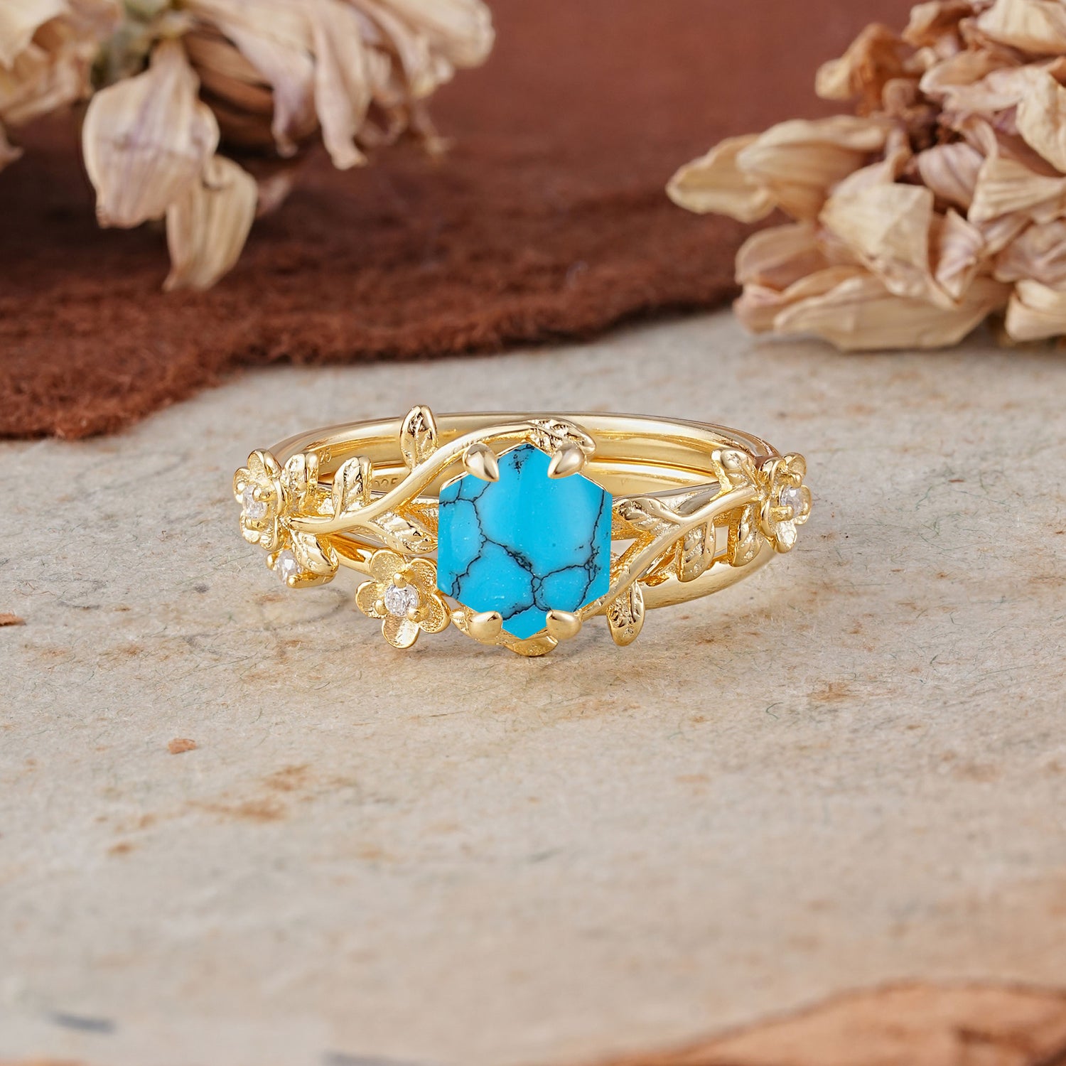 Naturalistic 4 - Prong Hexagon - Cut Turquoise Bridal Ring Set
