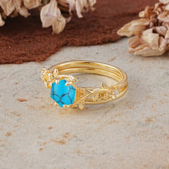 Naturalistic 4 - Prong Hexagon - Cut Turquoise Ring Sets