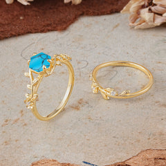 Naturalistic 4 - Prong Hexagon - Cut Turquoise Ring Sets