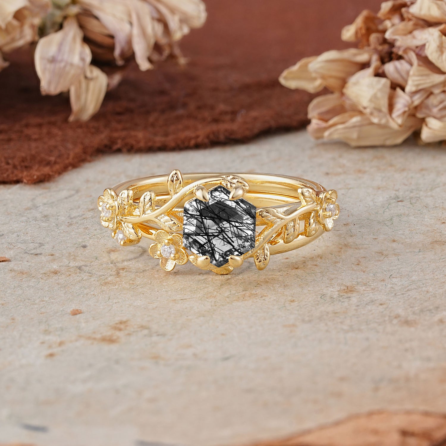 Naturalistic 4 - Prong Hexagon - Cut Natural Black Rutilated Quartz Bridal Ring Set