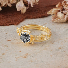Naturalistic 4 - Prong Hexagon - Cut Natural Black Rutilated Quartz Ring Sets