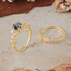 Naturalistic 4 - Prong Hexagon - Cut Natural Black Rutilated Quartz Ring Sets