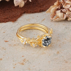 Naturalistic 4 - Prong Hexagon - Cut Natural Black Rutilated Quartz Ring Sets
