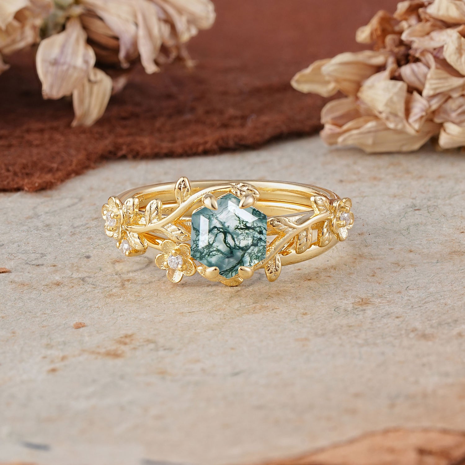 Naturalistic 4 - Prong Hexagon - Cut Natural Moss Agate Ring Sets