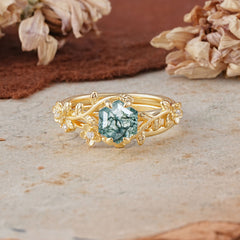 Naturalistic 4 - Prong Hexagon - Cut Natural Moss Agate Ring Sets