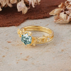 Naturalistic 4 - Prong Hexagon - Cut Natural Moss Agate Ring Sets