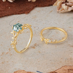Naturalistic 4 - Prong Hexagon - Cut Natural Moss Agate Ring Sets