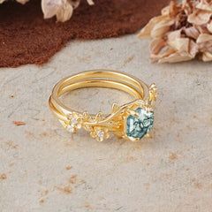 Naturalistic 4 - Prong Hexagon - Cut Natural Moss Agate Ring Sets