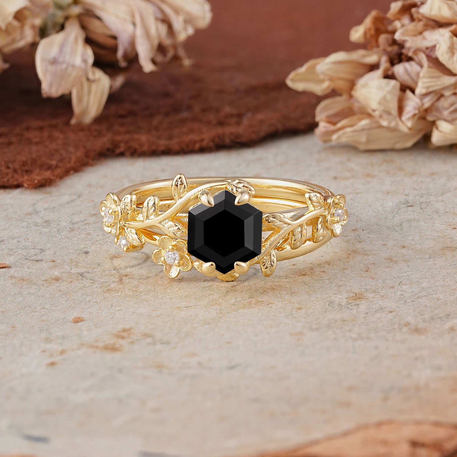 Naturalistic 4 - Prong Hexagon - Cut Black Onyx Bridal Ring Set