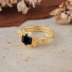 Naturalistic 4 - Prong Hexagon - Cut Black Onyx Ring Sets