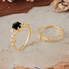Naturalistic 4 - Prong Hexagon - Cut Black Onyx Ring Sets