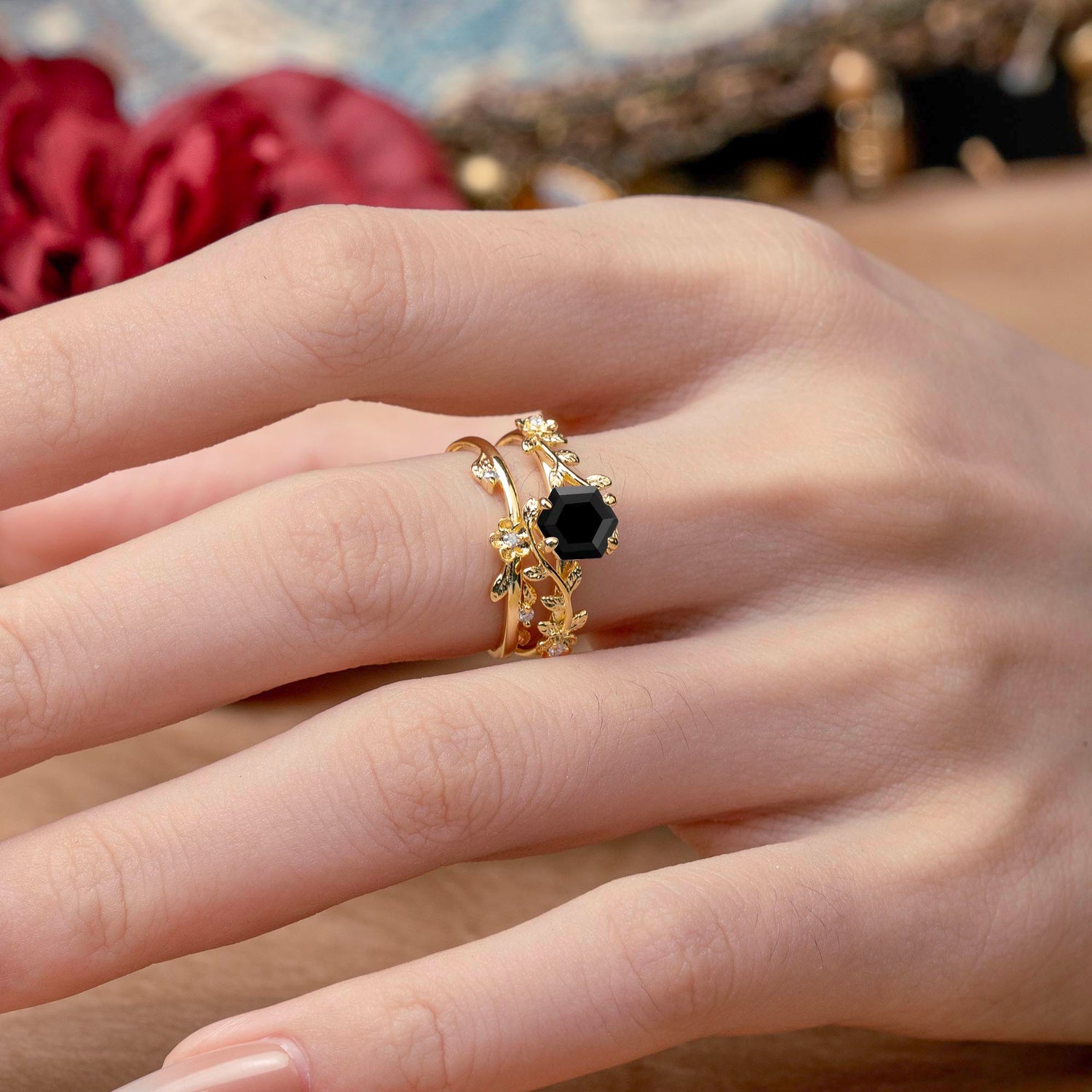 Naturalistic 4 - Prong Hexagon - Cut Black Onyx Bridal Ring Set