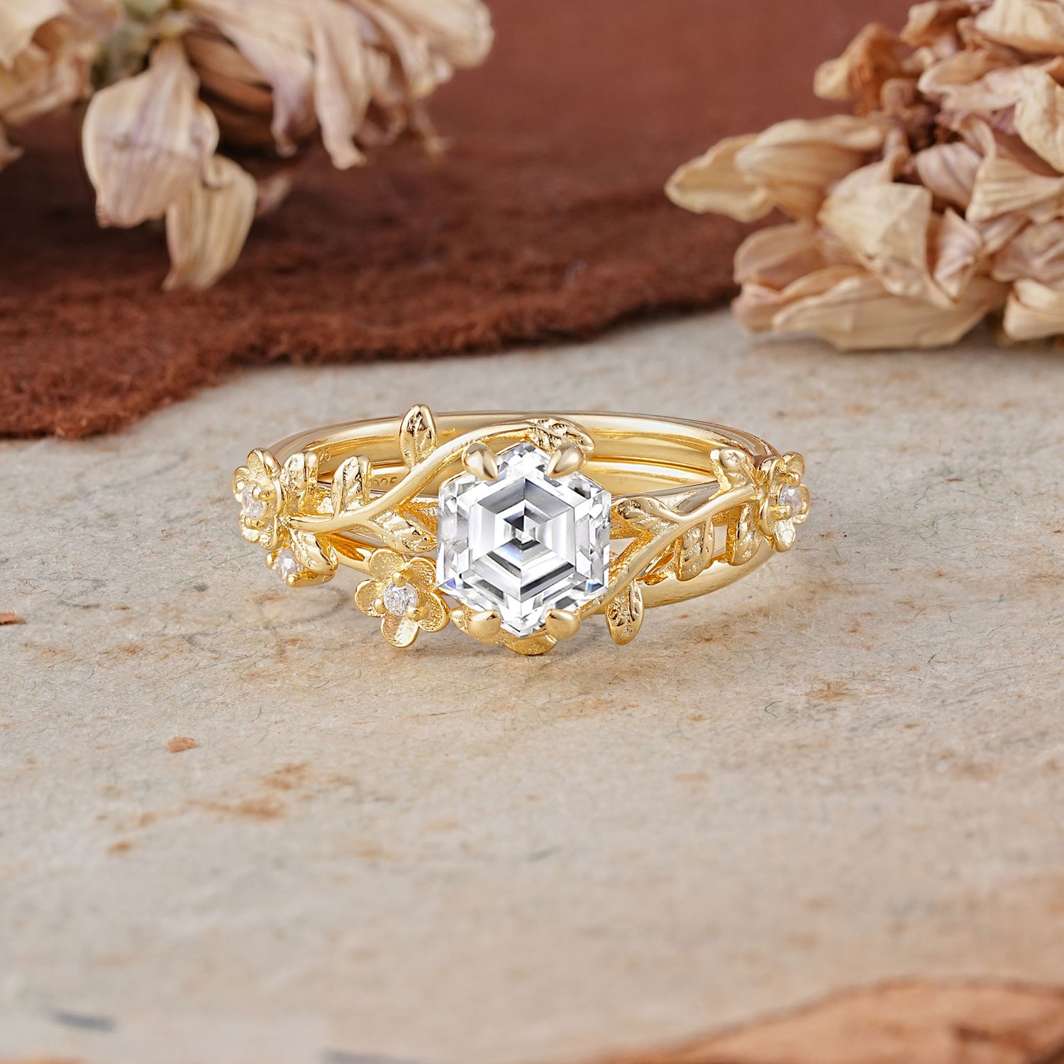 Naturalistic 4 - Prong Hexagon - Cut Lab Diamond Bridal Ring Set
