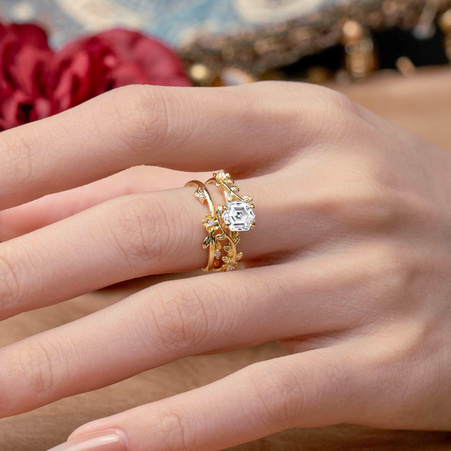 Naturalistic 4 - Prong Hexagon - Cut Lab Diamond Bridal Ring Set