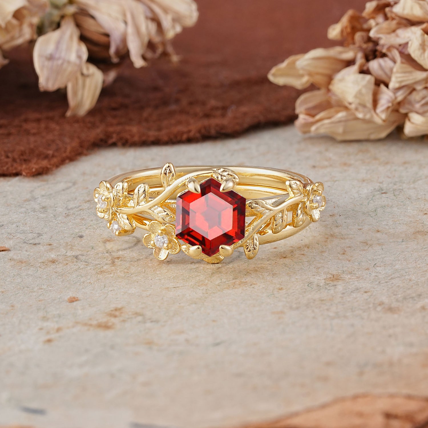 Naturalistic 4 - Prong Hexagon - Cut Garnet Bridal Ring Set