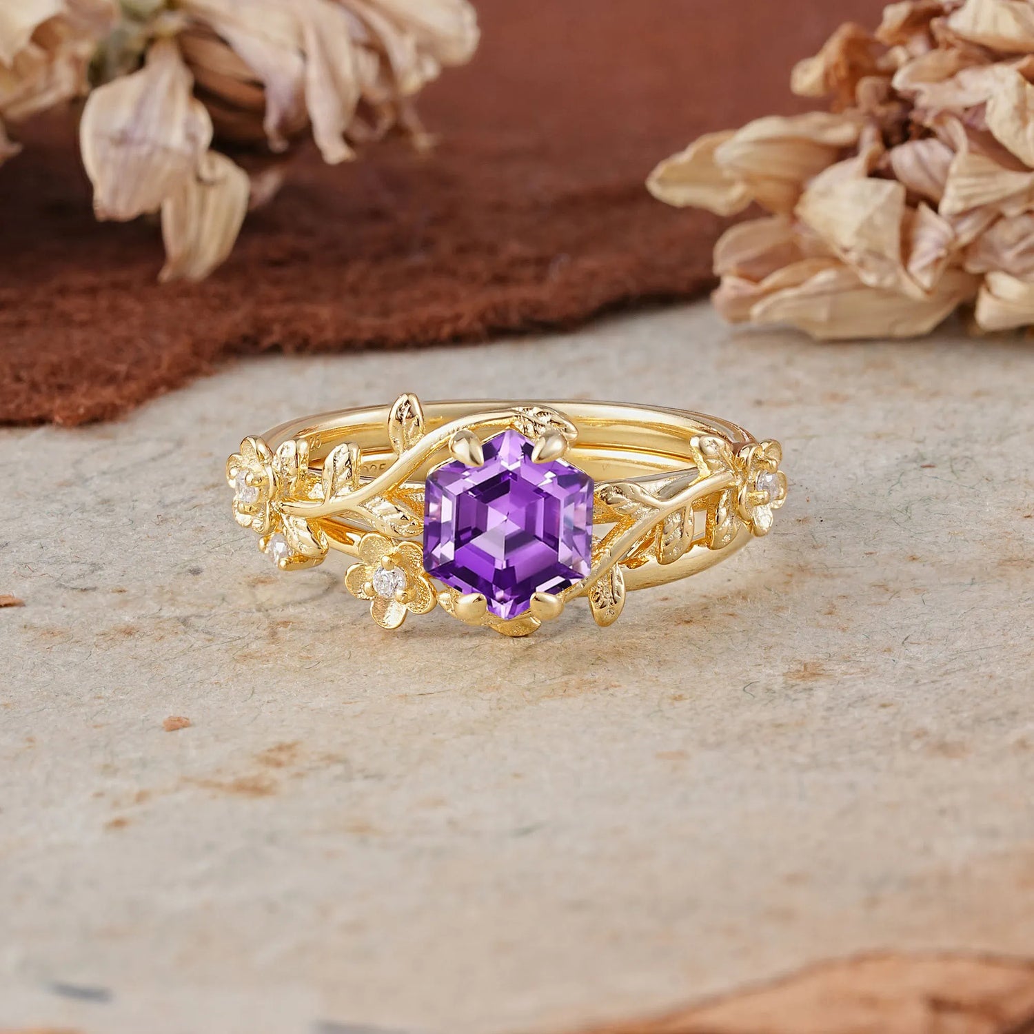 Naturalistic 4 - Prong Hexagon - Cut Natural Amethyst Bridal Ring Set
