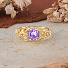 Naturalistic 4 - Prong Hexagon - Cut Natural Amethyst Ring Sets