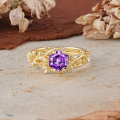 Naturalistic 4 - Prong Hexagon - Cut Natural Amethyst Ring Sets
