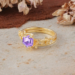 Naturalistic 4 - Prong Hexagon - Cut Natural Amethyst Ring Sets