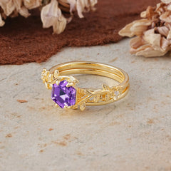 Naturalistic 4 - Prong Hexagon - Cut Natural Amethyst Ring Sets