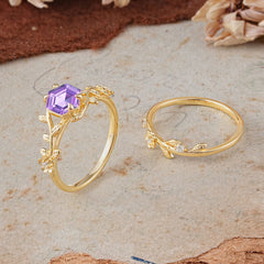 Naturalistic 4 - Prong Hexagon - Cut Natural Amethyst Ring Sets