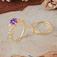 Naturalistic 4 - Prong Hexagon - Cut Natural Amethyst Ring Sets