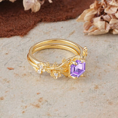 Naturalistic 4 - Prong Hexagon - Cut Natural Amethyst Ring Sets